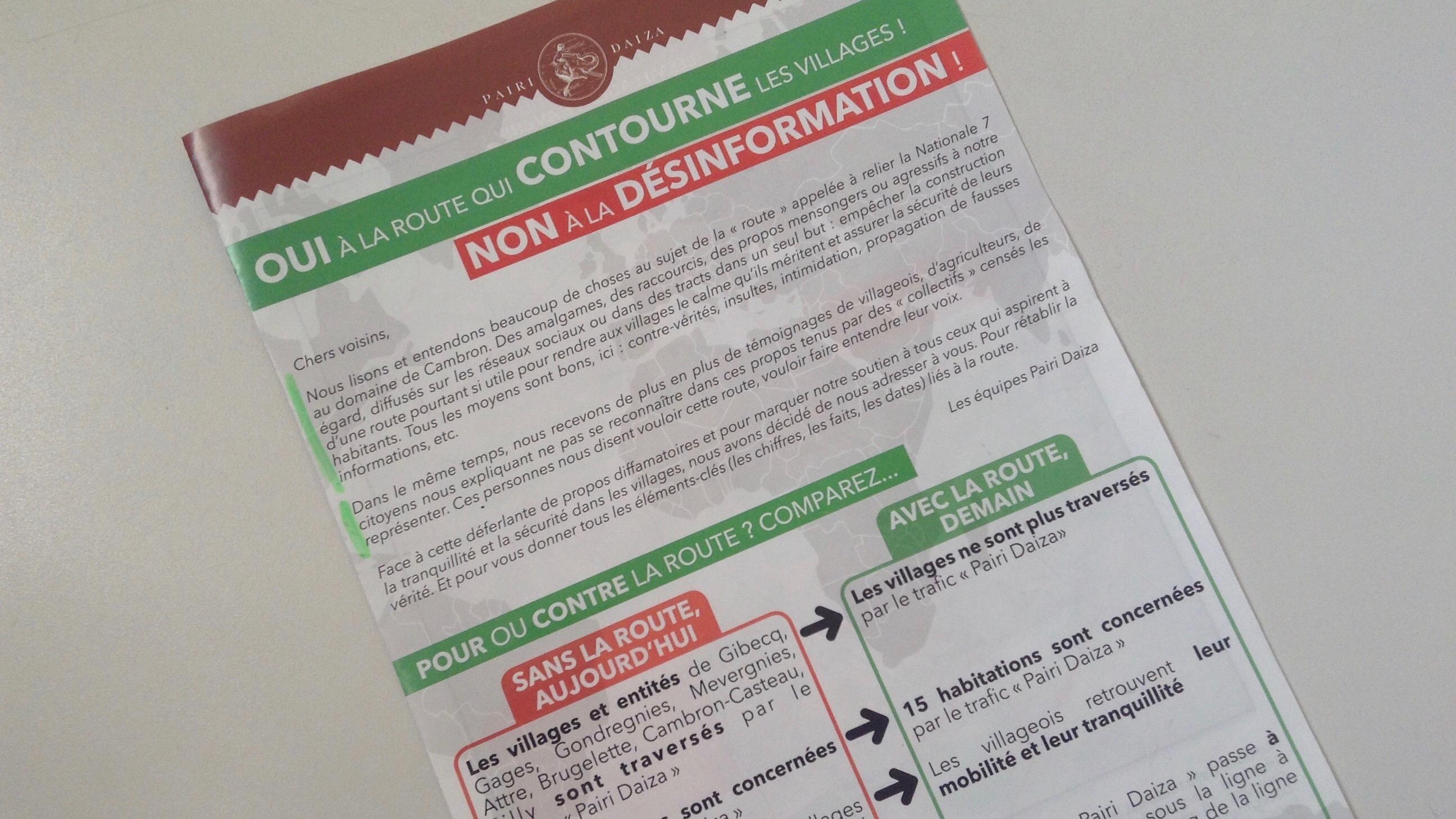 Route Pairi Daiza : un tract pour dénoncer la désinformation