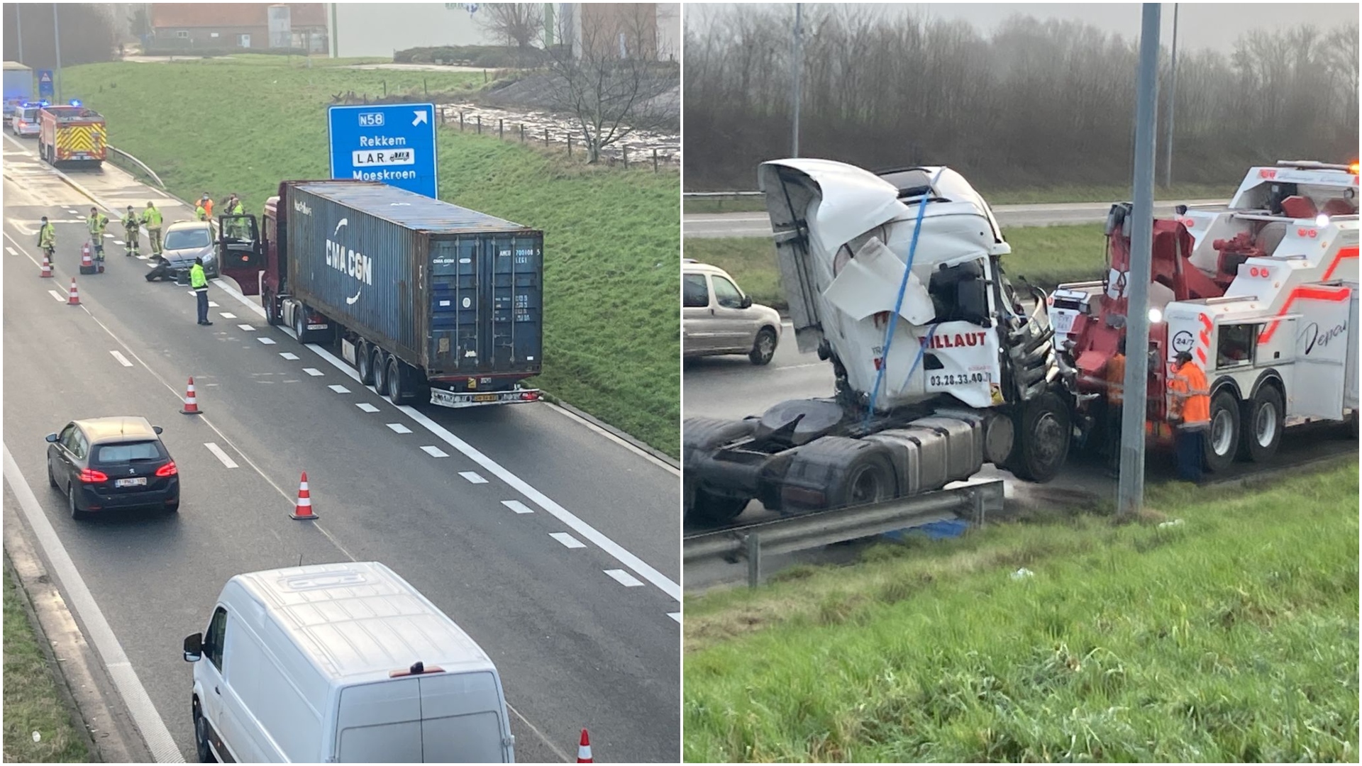 Mouscron : un accident entre une voiture et un camion provoque des embouteillages sur l'autoroute E17