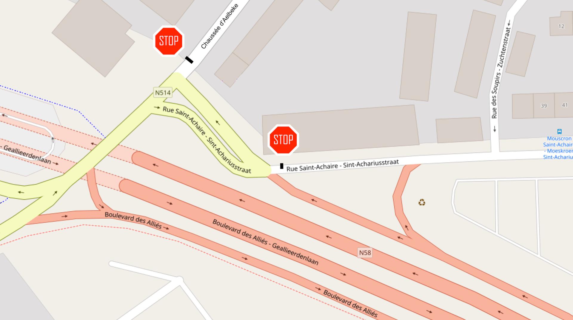 Pour fluidifier la trafic, la Ville de Mouscron va tester une modification des priorités au niveau du carrefour de la rue Saint-Achaire, de la chaussée d'Aelbeke et de la sortie de la RN58