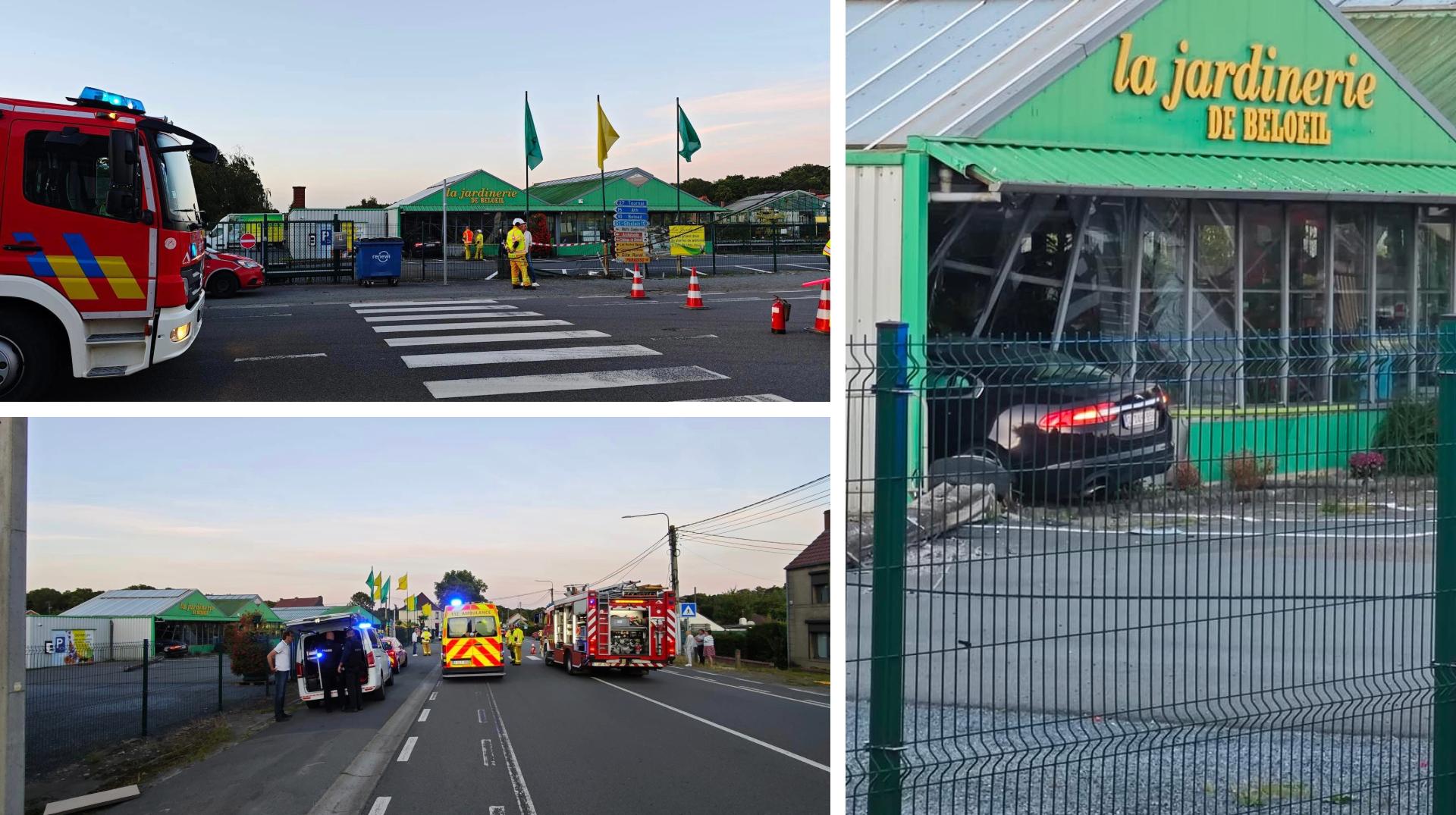 Spectaculaire accident à Beloeil : une voiture s’encastre dans la façade de la jardinerie de Beloeil