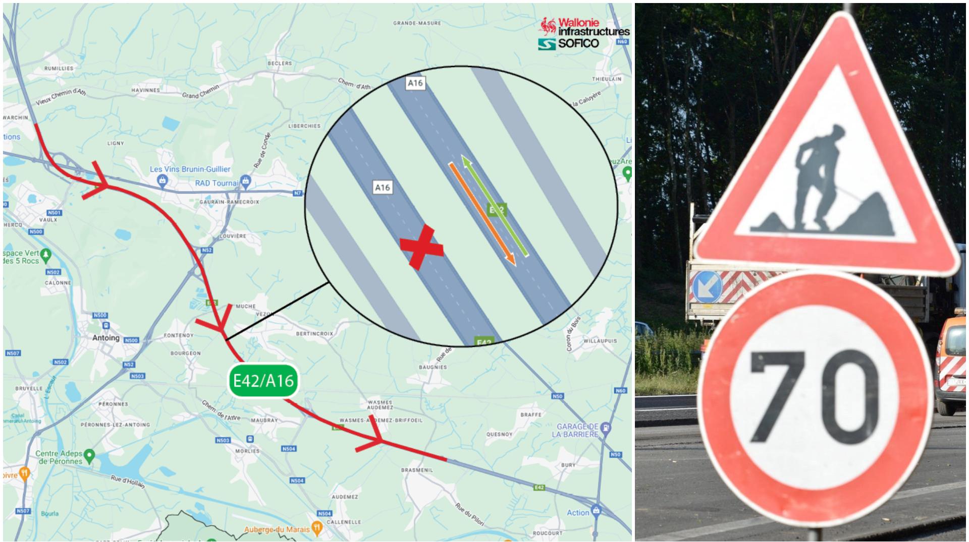 Travaux sur l'E42/A16 : la circulation sur une bande entre Tournai et Péruwelz jusqu'à mi-novembre
