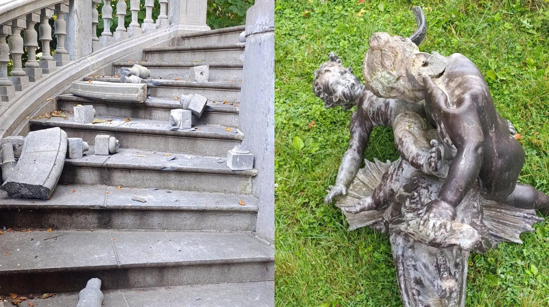 Parc d'Enghien: la rambarde de la Chapelle castrale  et la statue « Fontaine de tritons » dégradées