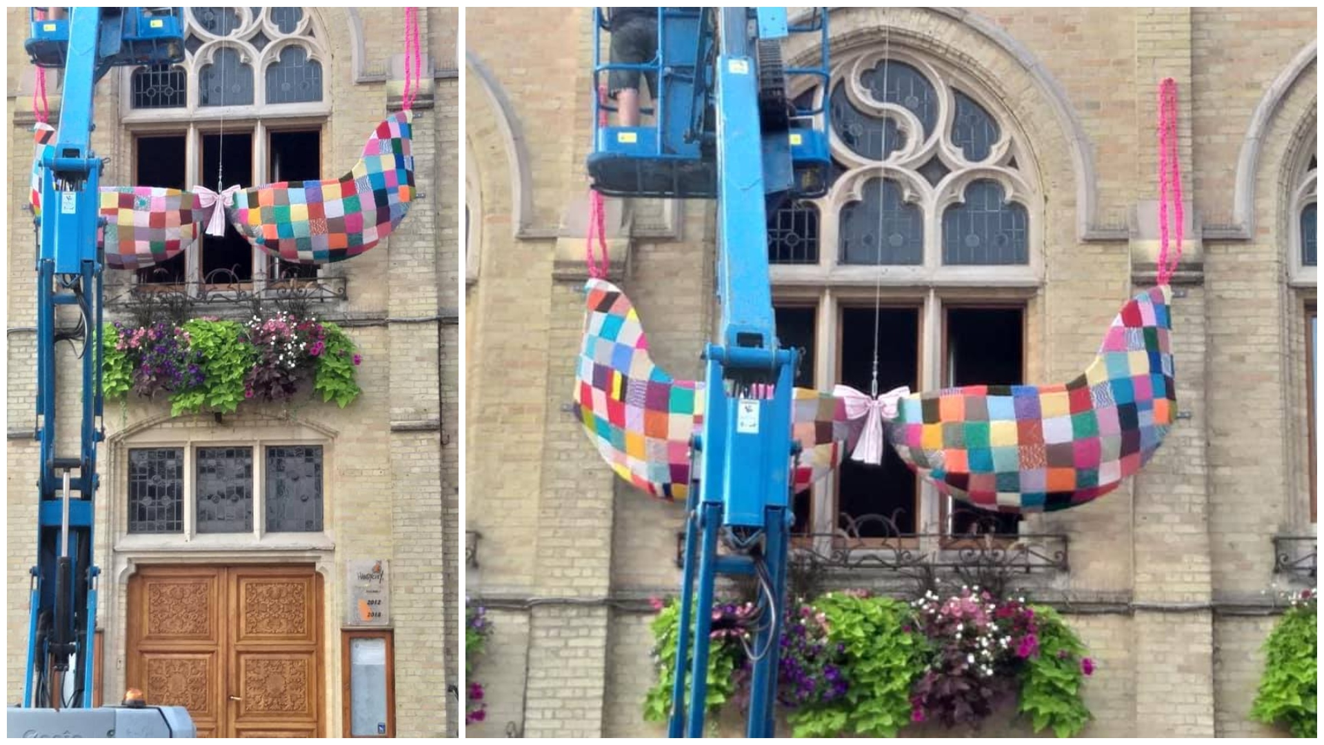 Un soutien-gorge géant accroché sur la façade de l'hôtel de ville de Comines-Warneton