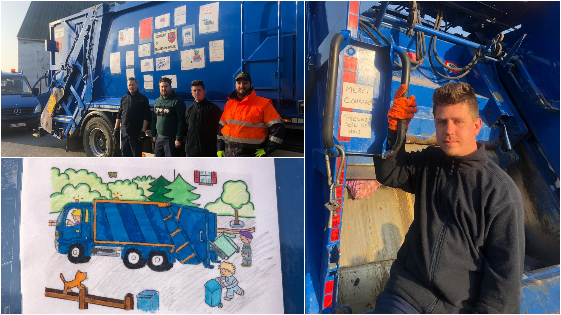 A Frasnes, le camion poubelles est décoré des messages de remerciement et des dessins des enfants